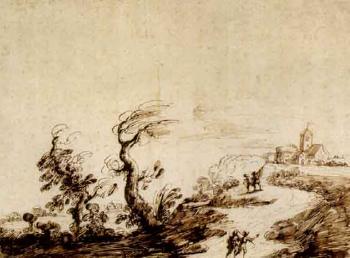 Extensive landscape with travellers on a path by 
																	 Il Falsario di Guercino