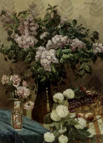 Still life with flowers and Kanton vase by 
																	Julien van Langenhove