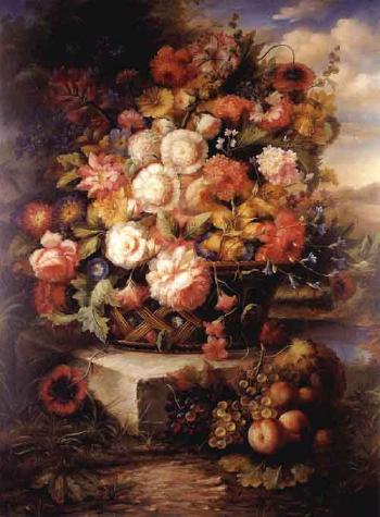 Still life of flowers and fruit by 
																	A Jardin