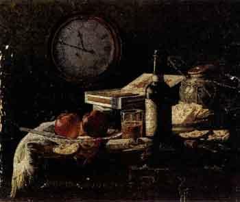Tabletop still life of apples, ale, crackers, cigars and matches by 
																	Anne Elizabeth Eckel