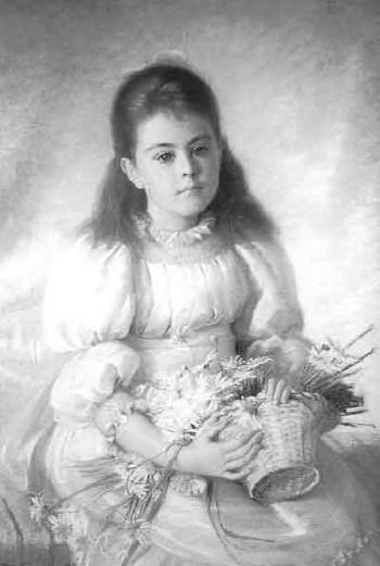 Study of a young girl seated, wearing a white dress with a yellow sash, holding a basket of flowers by 
																	 James