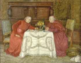 Two cardinals at a table drinking hock and with still life of fruit by 
																			R Klausner