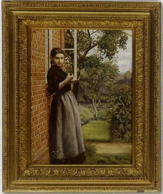 Young woman leaning on front of house, orchard beyond by 
																	M Zecchi