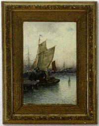 Dutch harbour scene with vessels by 
																	L Rebourgeon