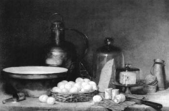 Still life of kitchen tools and eggs by 
																	Antoine Ferdinand Attendu