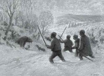 Winter landscape with men hunting bears by 
																	Reinhold Hansche
