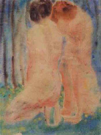 Two female nudes in woodland meadow by 
																	Wilhelm Oesterle