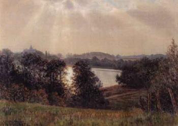 Evening lake and woodland with distant castle by 
																	Peder Vilhelm Jensen-Klint