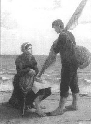 Breton fishing couple on beach by 
																			Charles Theophile Demory