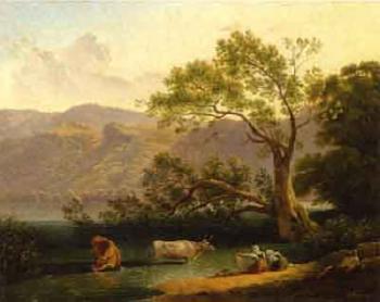 Romantic river landscape with washerwomen and cows by 
																	F Karer
