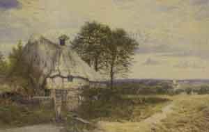 Country scene with thatched cottage, woman and dog by a stream by 
																	Edward Beecham Lait