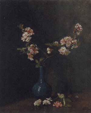 Still life of pink blossom in a blue vase by 
																	Emily Elias