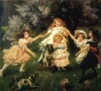 Young girls and dogs playing in a garden by 
																	Charles G Hards