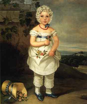 Young girl standing in landscape holding flowers by 
																	 English Primitive School