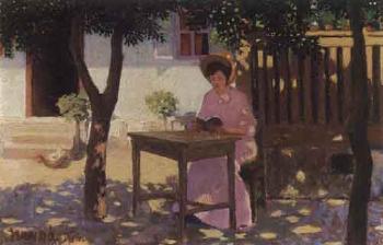 Woman reading in garden by 
																	Ladislaus Kando