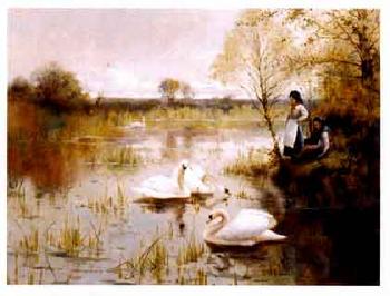 Swans in a reed filled lake with figures on bank by 
																	Albert E Bailey