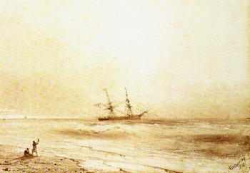 Sailboat and figures on beach by 
																	Ivan Konstantinovich Aivazovsky