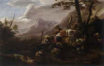 Landscape with shepherds and their flocks by 
																	Adrien van Eemont