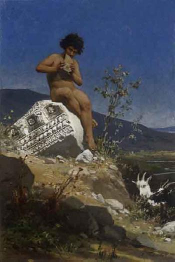 Young shepherd boy in a mountainous landscape playing the panpipes by 
																	Albert Tschautsch