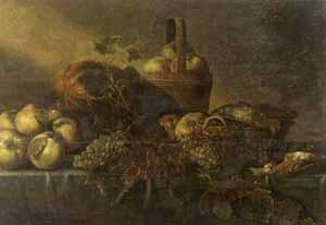 Varia still life with grapes, large turnip, pears and songbird by 
																	Abraham Vosmaer
