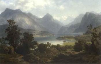 Alpine panorama with Kochelsee and St Bartholemew Church by 
																	Leonhard Rausch