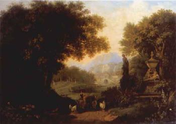 Classical landscape, drover, cattle, goats by fountain by 
																	Johann Caspar Rahn