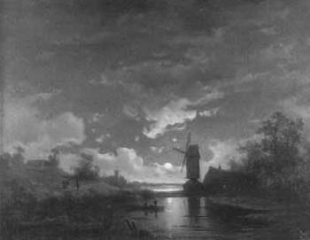 Moonlit landscape with fishermen in a boat beside a windmill by 
																	C Hache