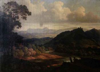 River landscape with figures by 
																	W Malitzius