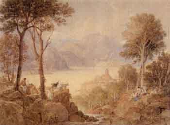 Continental landscape, with lake, figures and goats by 
																	Edward Swinburne