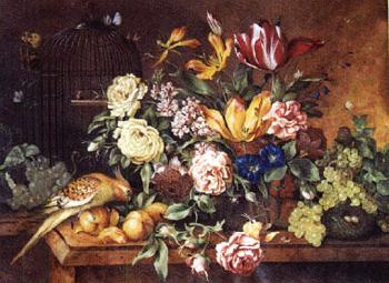 Natures mortes aux fleurs et fruits voisinant avec un nid et une perruche by 
																			Elise Puyroche-Wagner