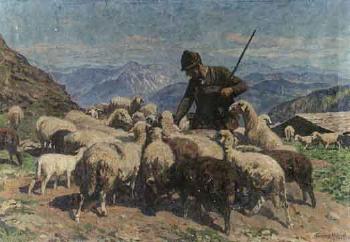 Shepherd and flock in the mountains by 
																	Georg Hanel