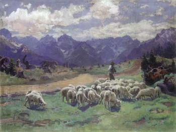 Shepherd and flock in alpine landscape by 
																	Stanislaw Galek