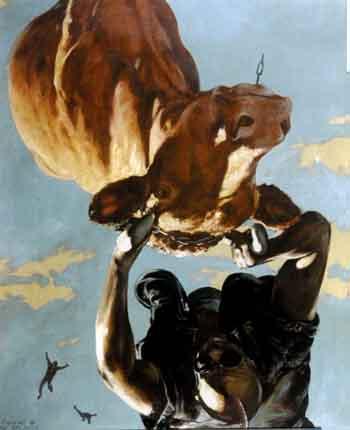 Man holding bull by horns, upside down by 
																	Lesnek Michal Zegalski