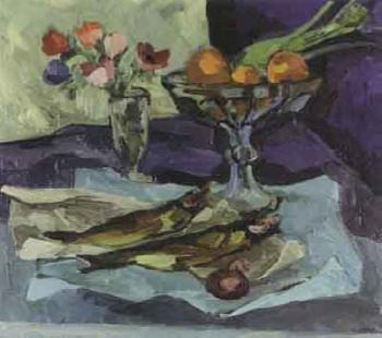 Still life with flowers, fruit and fish by 
																	Max Oertli