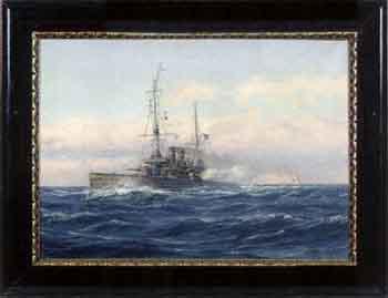Seascape with man-o-war off Vinga Lighthouse by 
																	Arvid Magnus Ahlberg