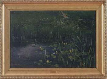 Water lilies on pond - meadow with flowers in background by 
																	Anders Kallenberg