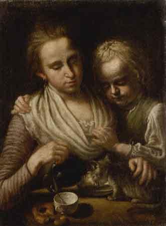 Two girls feeding cat. Two boys with dog by 
																			Franz Ignaz Oeffele-Piekarski