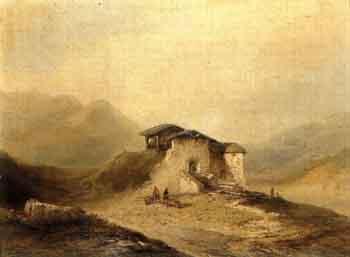 Mountain landscape with little house and single figure by 
																	Jan van der Kaa