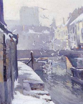 Town view in winter with sea gulls near canal by 
																	Kornelis Jacobus Huineman