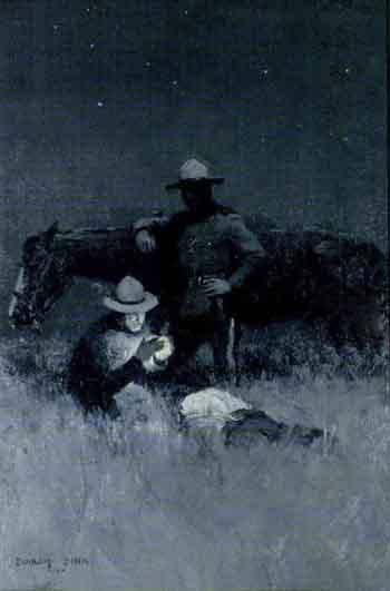 Mounties and downed man on prairie by 
																	Douglas Duer