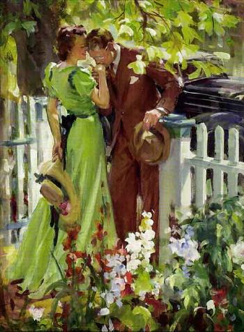 Man kissing woman's hand at picket fence by 
																	John Gannam