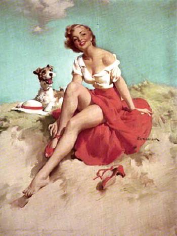 Beautiful woman at the beach with her dog by 
																	Haddon Hubbard Sundblom