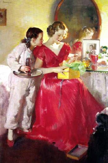 Young woman receives a gift, little sister brings Coke by 
																	Haddon Hubbard Sundblom