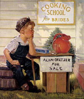 Boy with Alka Seltzer stand outside cooking school by 
																	Russell Sambrook