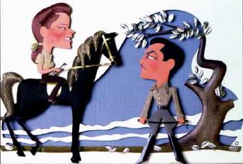 Katharine Hepburn on horseback speaking to Robert Taylor by 
																	Jacques Kapralik
