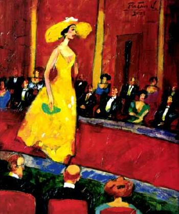 Model in yellow dress on the catwalk by 
																	Witold Palka