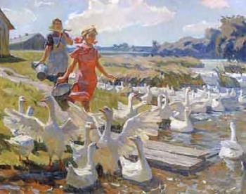 Feeding geese on a summer day by 
																	N Yakovenko