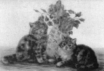 Two kittens one standing in a teapoy. Two kittens by a vase of flowers by 
																			Bessie Bamber
