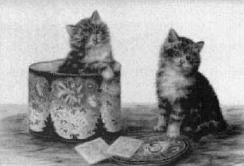 Two kittens one standing in a teapoy. Two kittens by a vase of flowers by 
																			Bessie Bamber