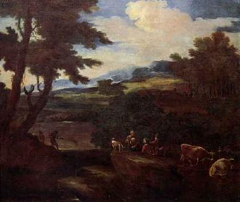 Landscape with shepherds and cattle by 
																	Ernesto Daret